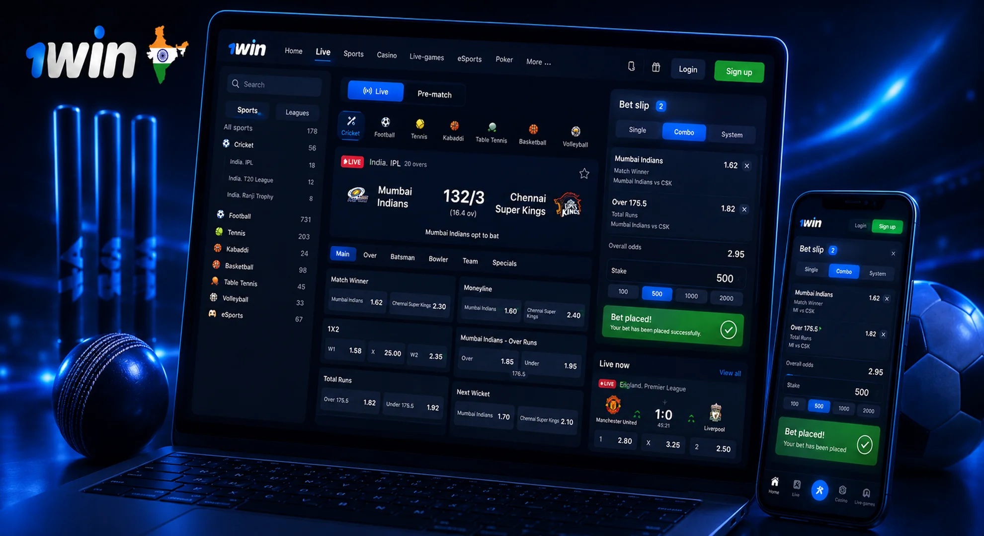 1win live odds bet slip India