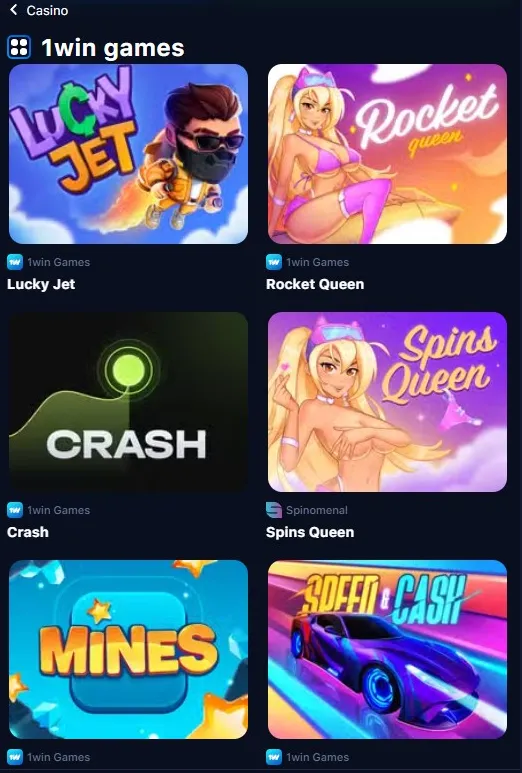 1win mobile games in the official app