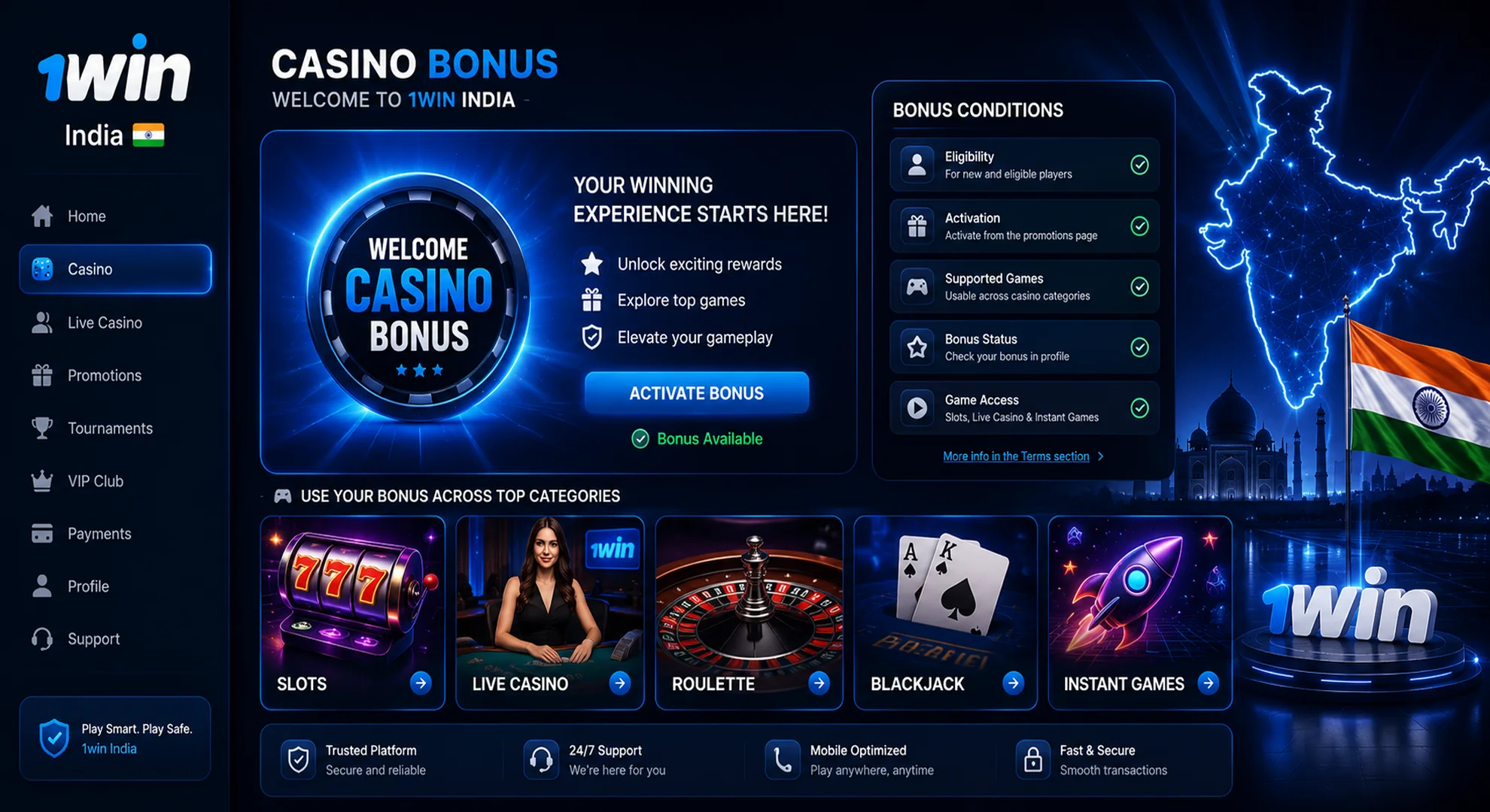 1win casino bonus India