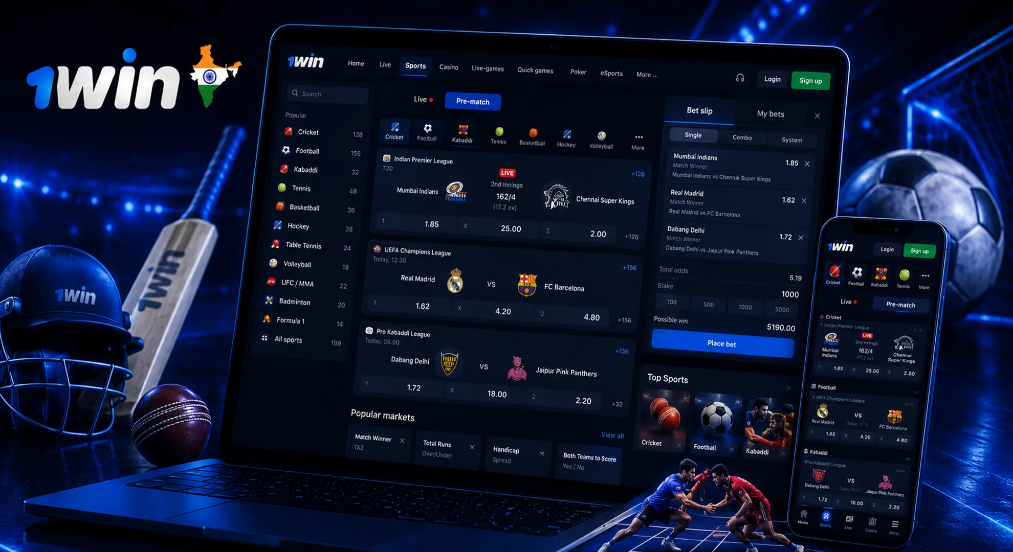 1win cricket kabaddi betting India