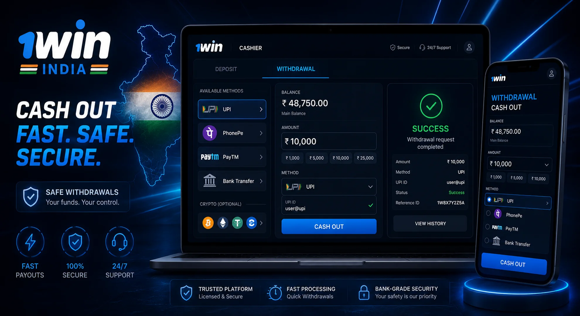 1win withdrawal methods India